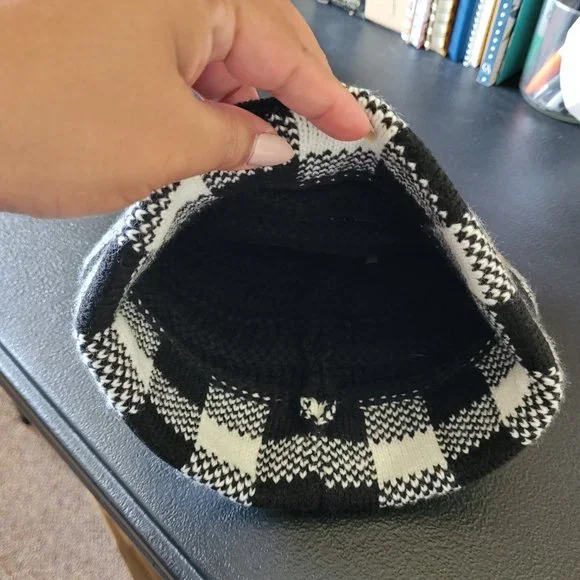 C.C Black and White Checkered Pattern Crochet Knit Beanie - Picture 2 of 6